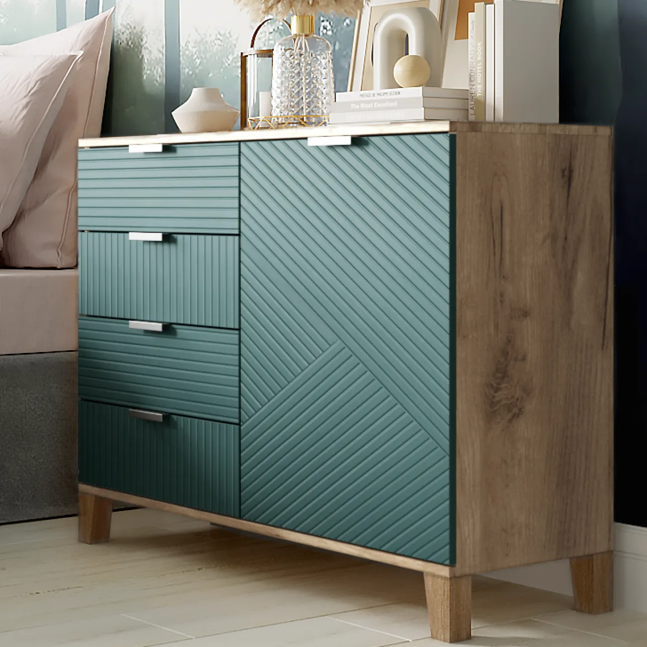 Стильный комод Марвин - идеальное сочетание аквамарина и дуба крафт табачного цвета Стильный комод Марвин - идеальное сочетание аквамарина и дуба крафт табачного цвета