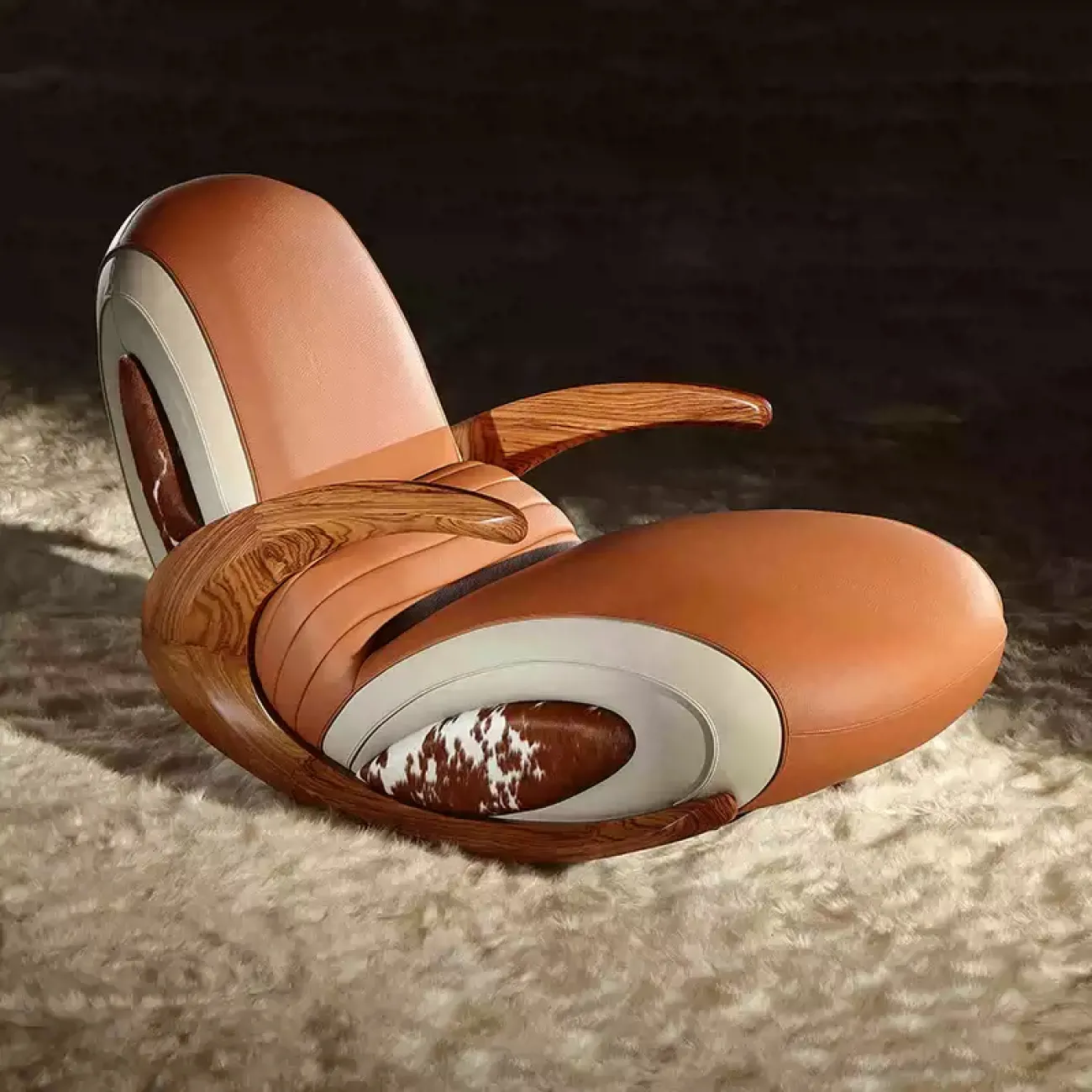 Дизайнерское кресло-качалка Mivica из дерева, натуральной кожи, меха коровы KR38189-32 Дизайнерское кресло-качалка Mivica из дерева, натуральной кожи, меха коровы KR38189-32