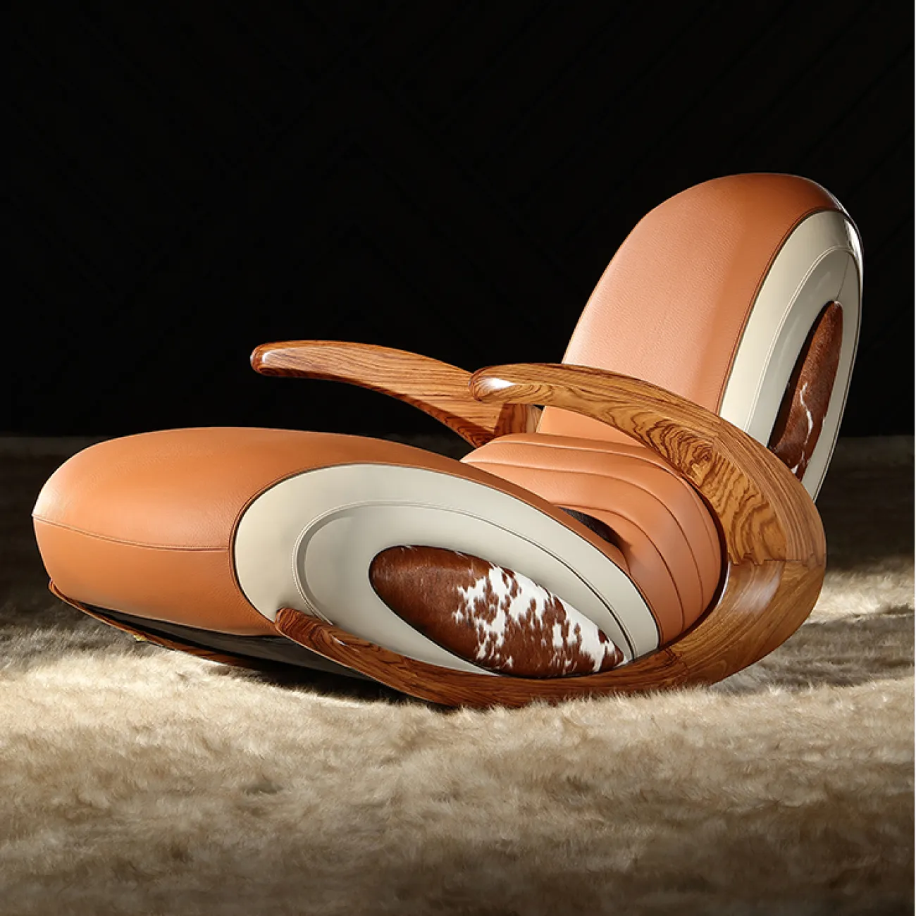 Дизайнерское кресло-качалка Mivica из дерева, натуральной кожи, меха коровы KR38189-32 Дизайнерское кресло-качалка Mivica из дерева, натуральной кожи, меха коровы KR38189-32