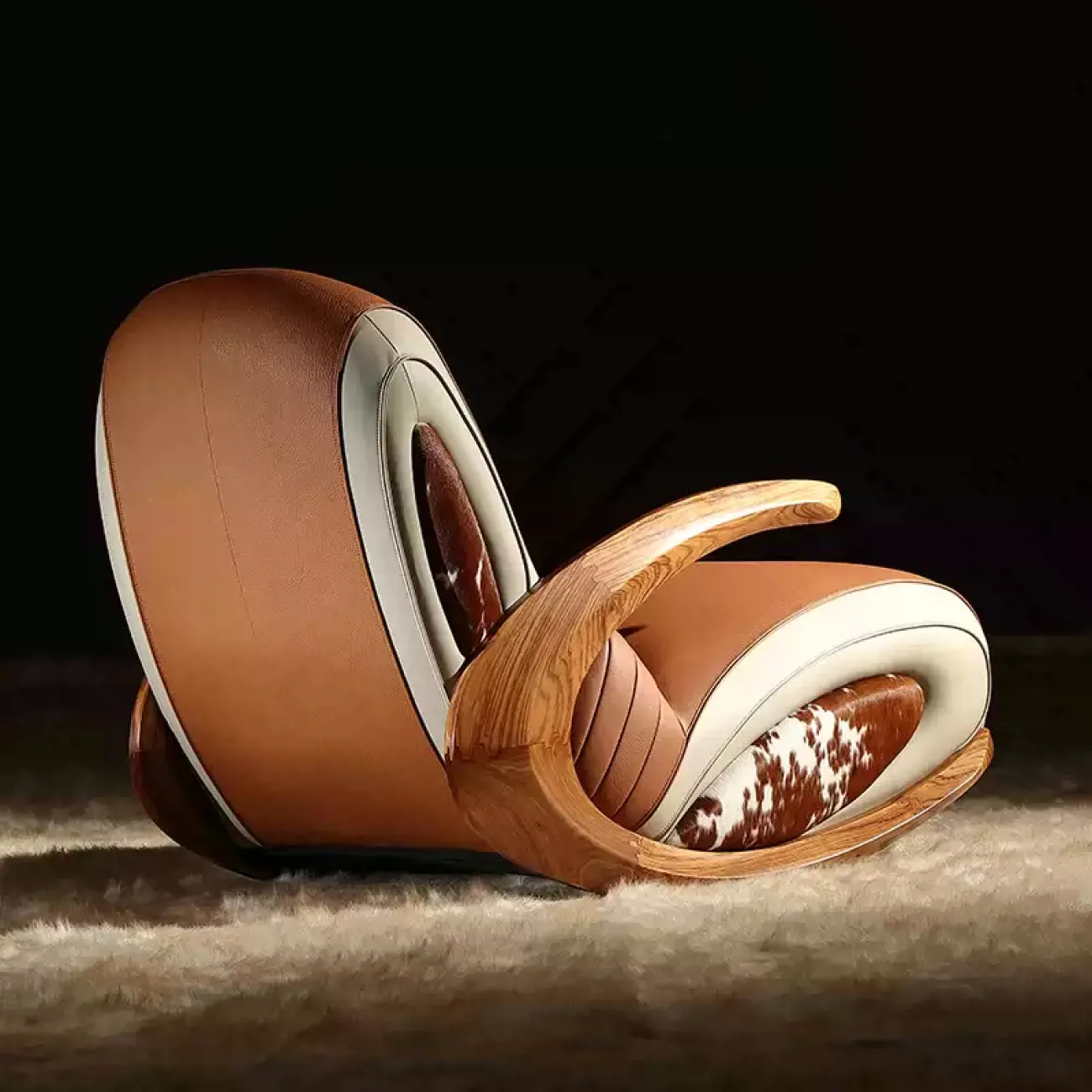 Дизайнерское кресло-качалка Mivica из дерева, натуральной кожи, меха коровы KR38189-32 Дизайнерское кресло-качалка Mivica из дерева, натуральной кожи, меха коровы KR38189-32