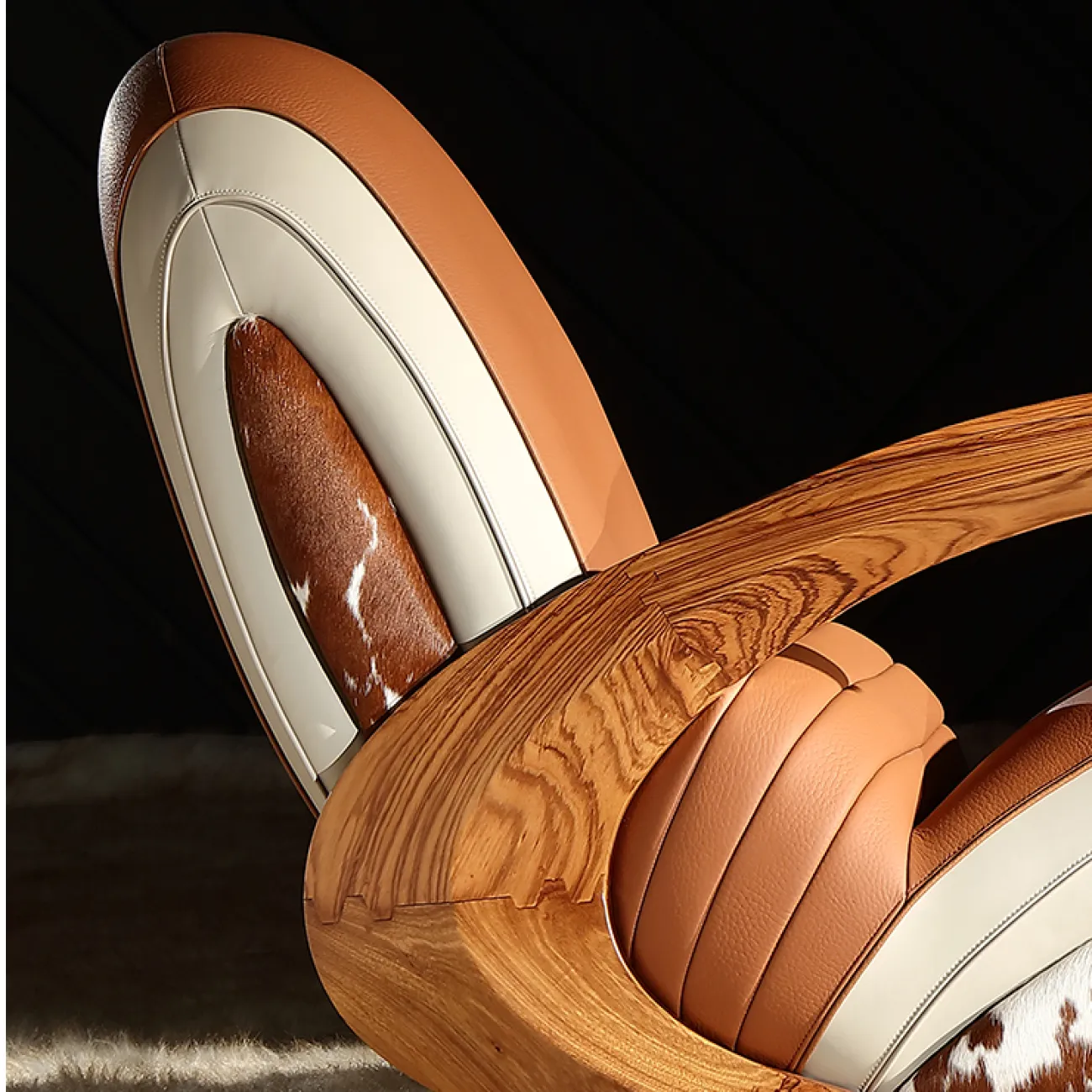 Дизайнерское кресло-качалка Mivica из дерева, натуральной кожи, меха коровы KR38189-32 Дизайнерское кресло-качалка Mivica из дерева, натуральной кожи, меха коровы KR38189-32