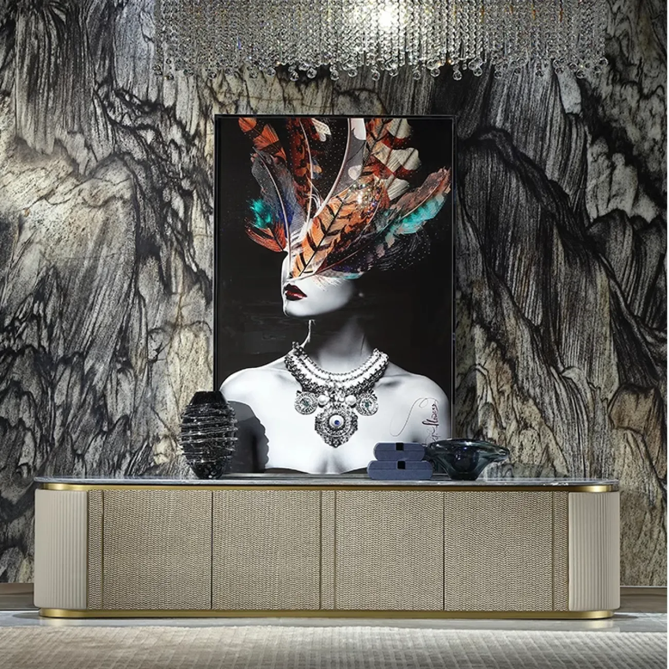 Роскошная тумба под телевизор MIVICA из красного дерева и голубого мрамора TB38193-32 Роскошная тумба под телевизор MIVICA из красного дерева и голубого мрамора TB38193-32