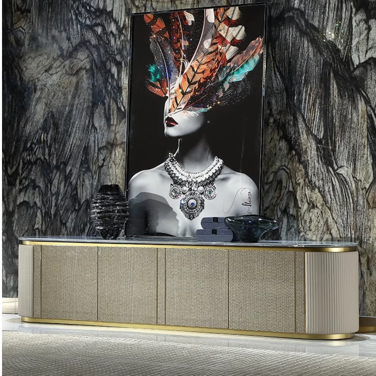 Роскошная тумба под телевизор MIVICA из красного дерева и голубого мрамора TB38193-32 Роскошная тумба под телевизор MIVICA из красного дерева и голубого мрамора TB38193-32