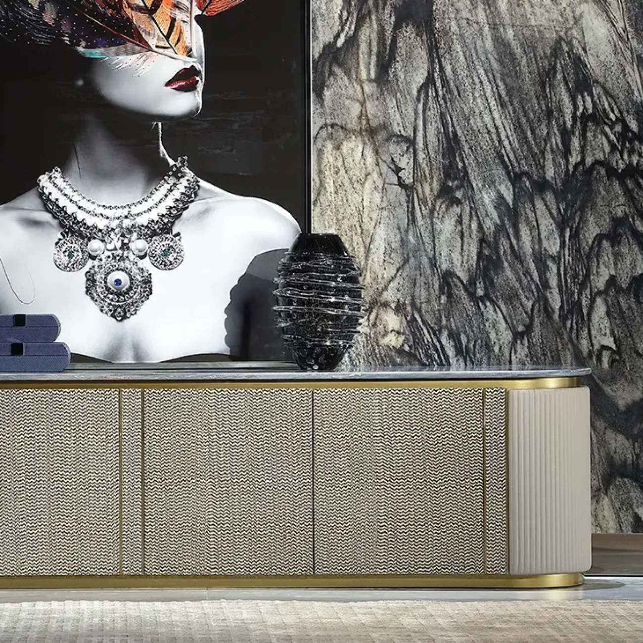 Роскошная тумба под телевизор MIVICA из красного дерева и голубого мрамора TB38193-32 Роскошная тумба под телевизор MIVICA из красного дерева и голубого мрамора TB38193-32