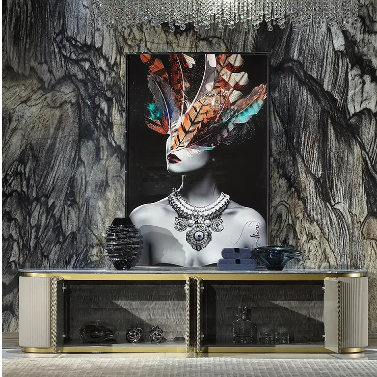 Роскошная тумба под телевизор MIVICA из красного дерева и голубого мрамора TB38193-32 Роскошная тумба под телевизор MIVICA из красного дерева и голубого мрамора TB38193-32