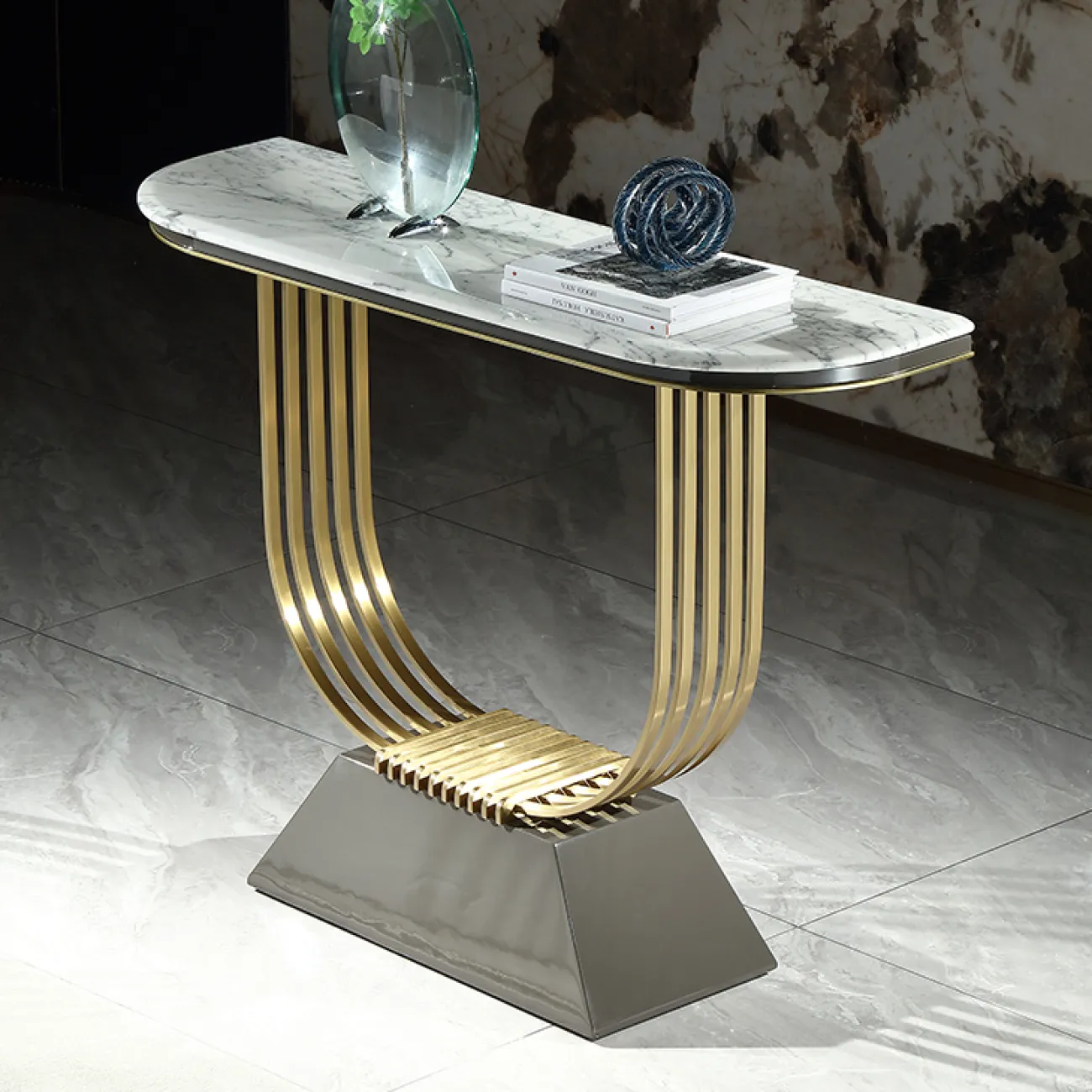 Элегантный пристенный столик MIVICA из дерева, стали и мрамора  ST38195-32