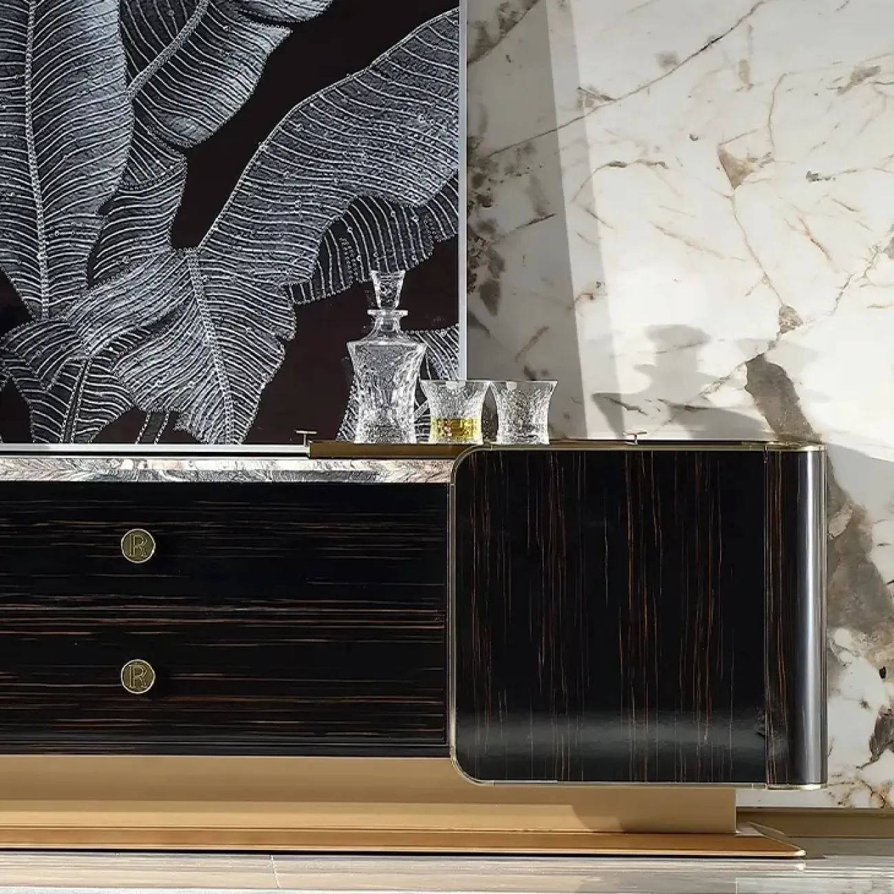 Роскошная тумба под телевизор MIVICA из красного дерева и мрамора TB38197-32