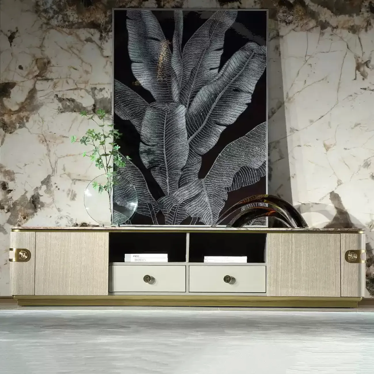 Дизайнерская тумба под телевизор MIVICA из красного дерева и мрамора TB38202-32