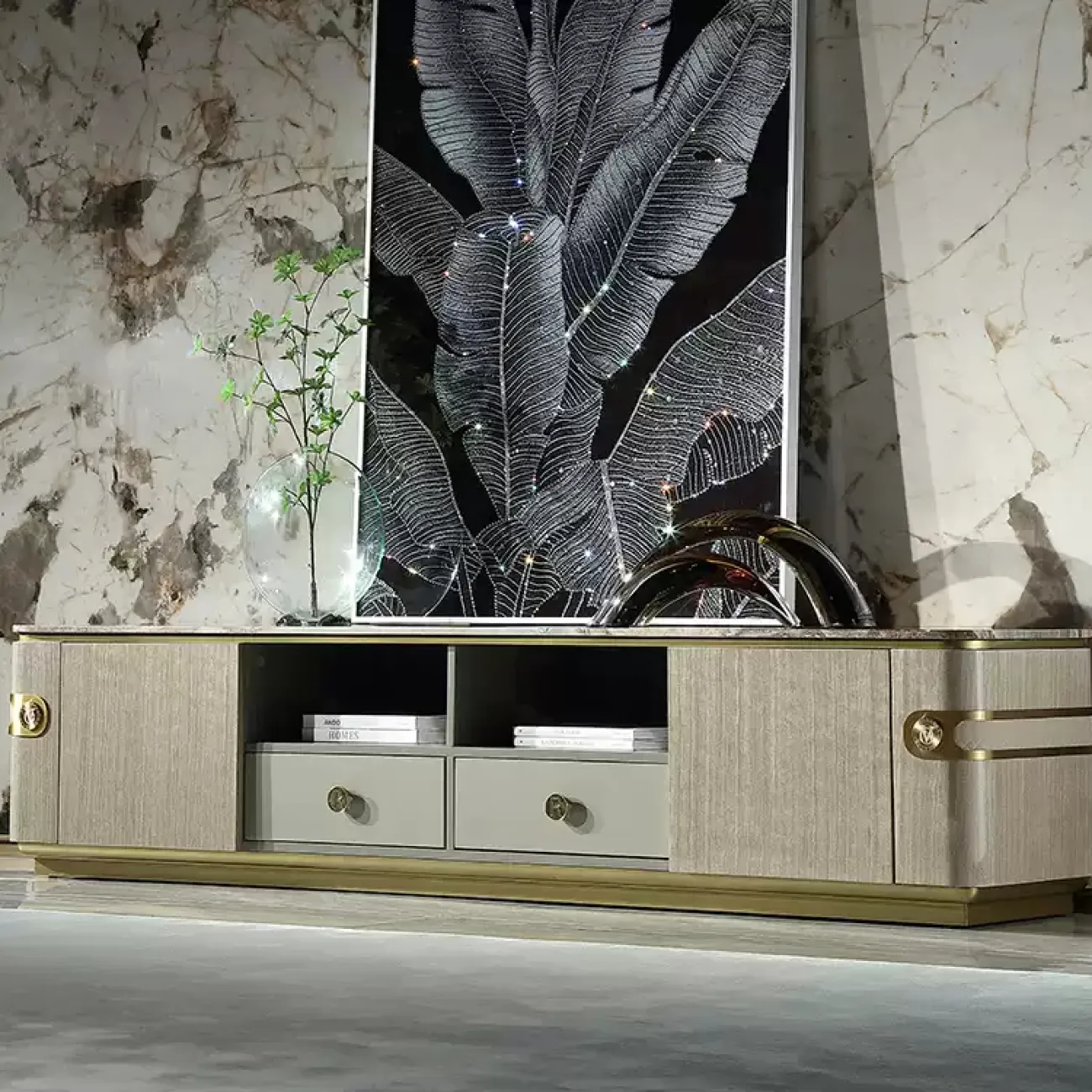 Дизайнерская тумба под телевизор MIVICA из красного дерева и мрамора TB38202-32