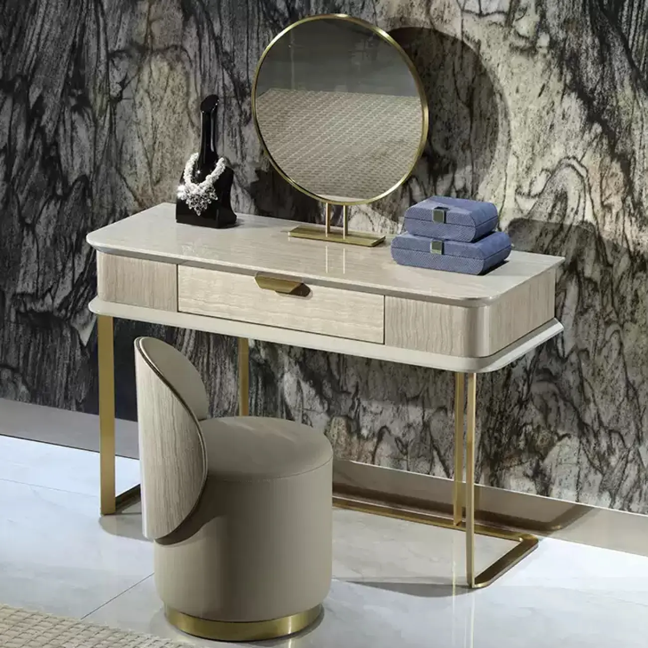 Удобный для туалетного столика табурет MIVICA из кожи и красного дерева ST38207-32