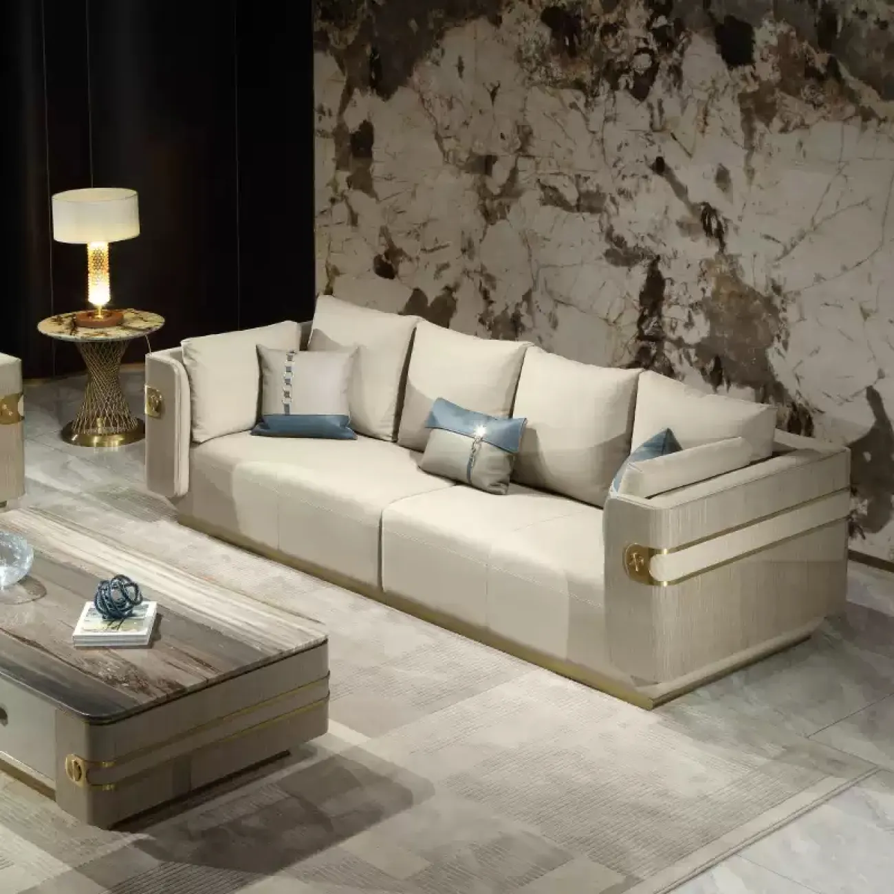 Роскошный диван MIVICA из кожи и красного дерева DV38213-32