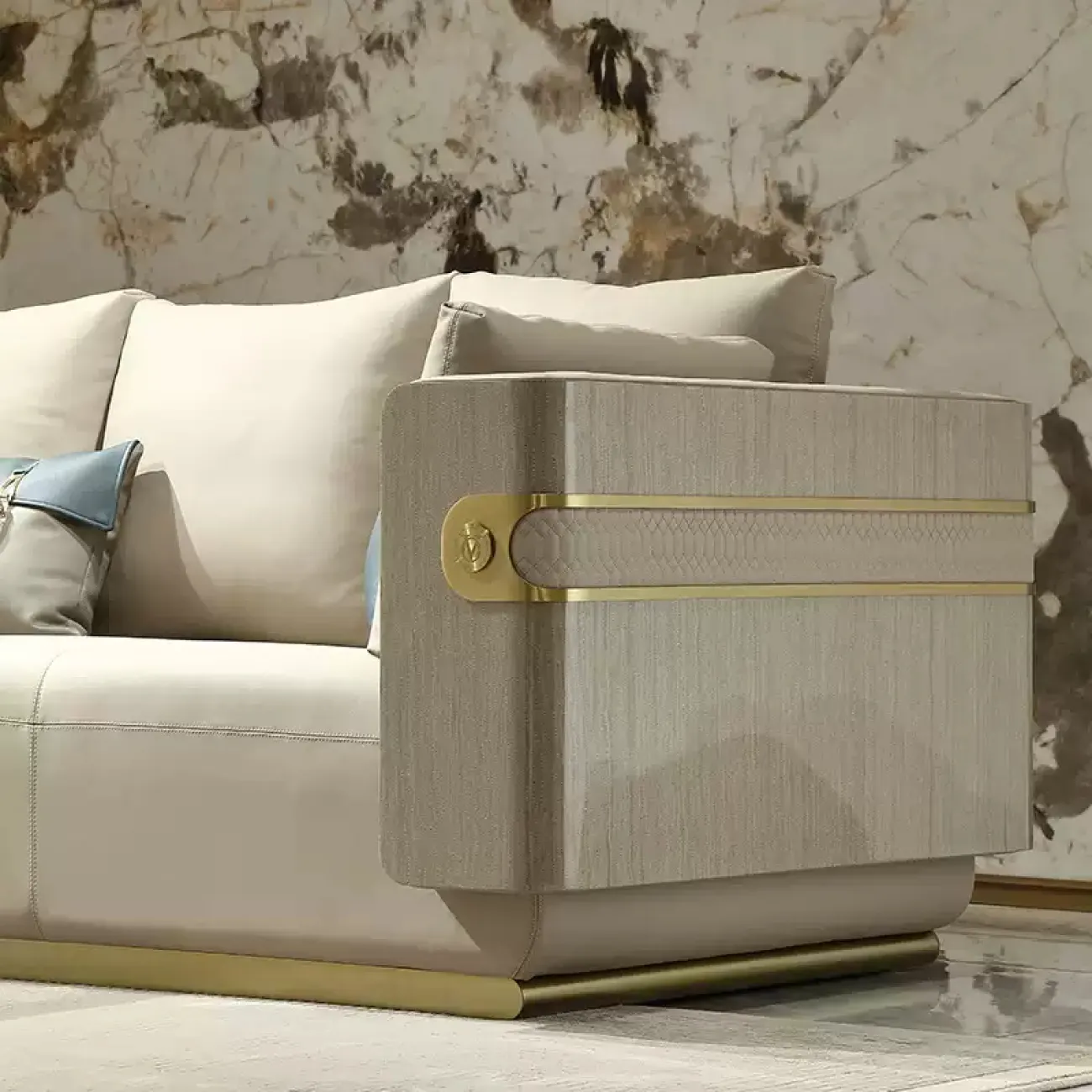 Роскошный диван MIVICA из кожи и красного дерева DV38213-32