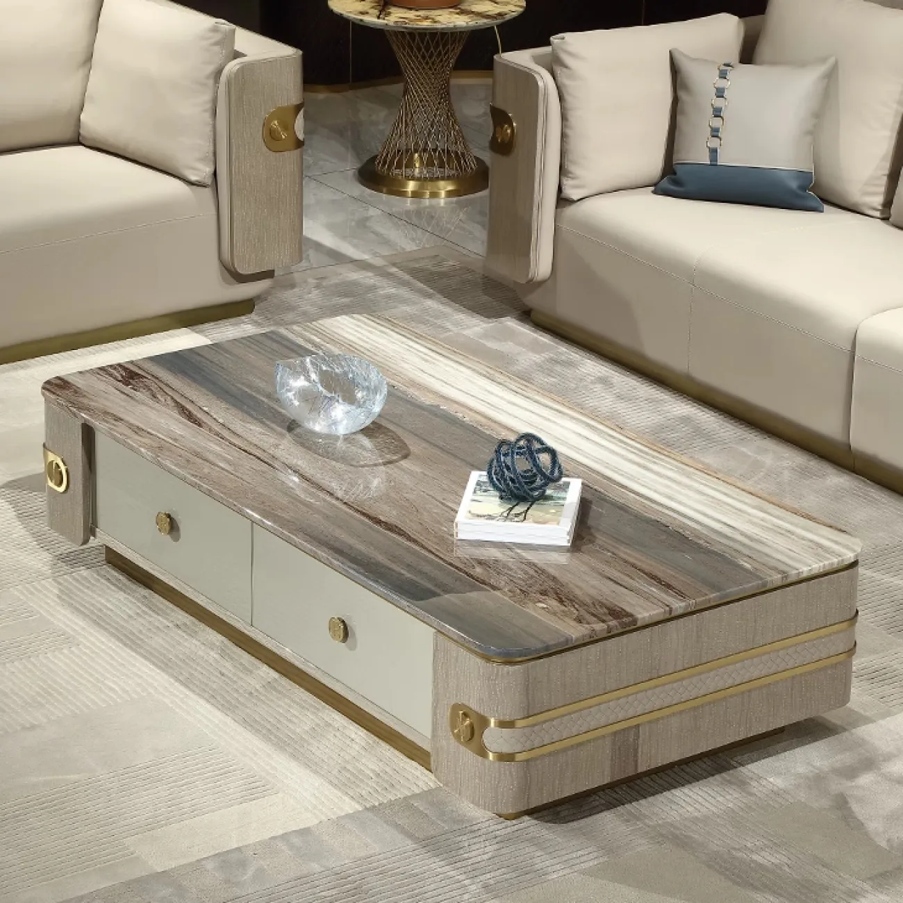 Элегантный журнальный столик MIVICA из мрамора и красного дерева JS38214-32