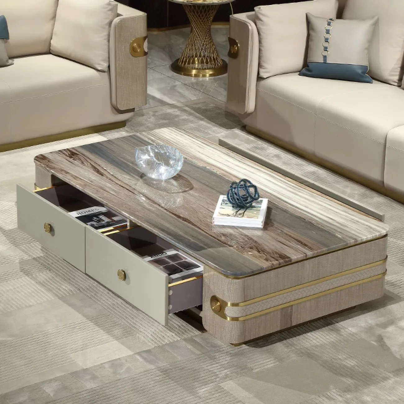 Элегантный журнальный столик MIVICA из мрамора и красного дерева JS38214-32