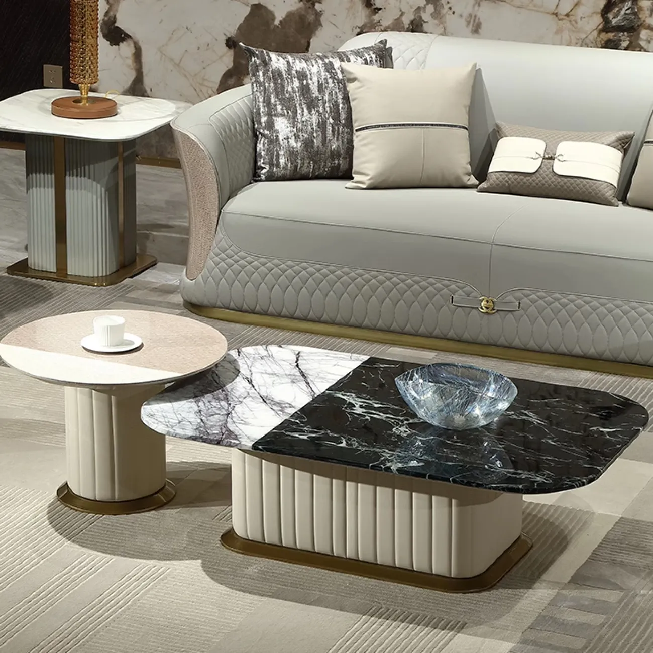 Современный журнальный стол MIVICA из мрамора, кожи, красного дерева ST38233-32