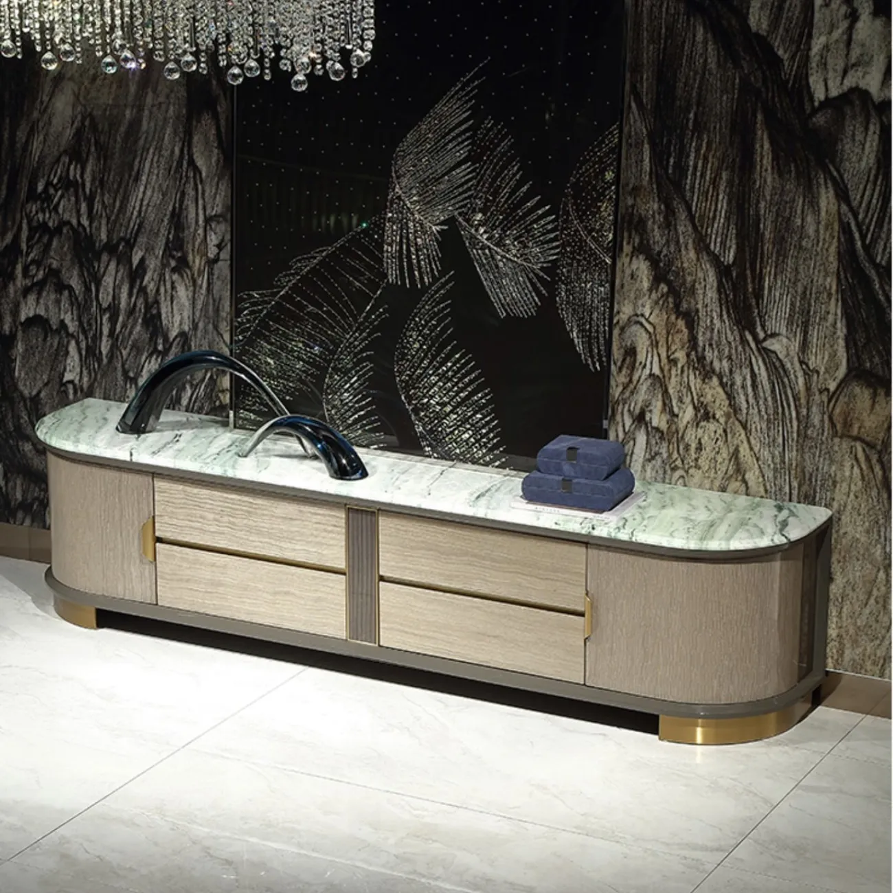 Дизайнерская тумба под телевизор MIVICA из красного дерева и мрамора TB38236-32