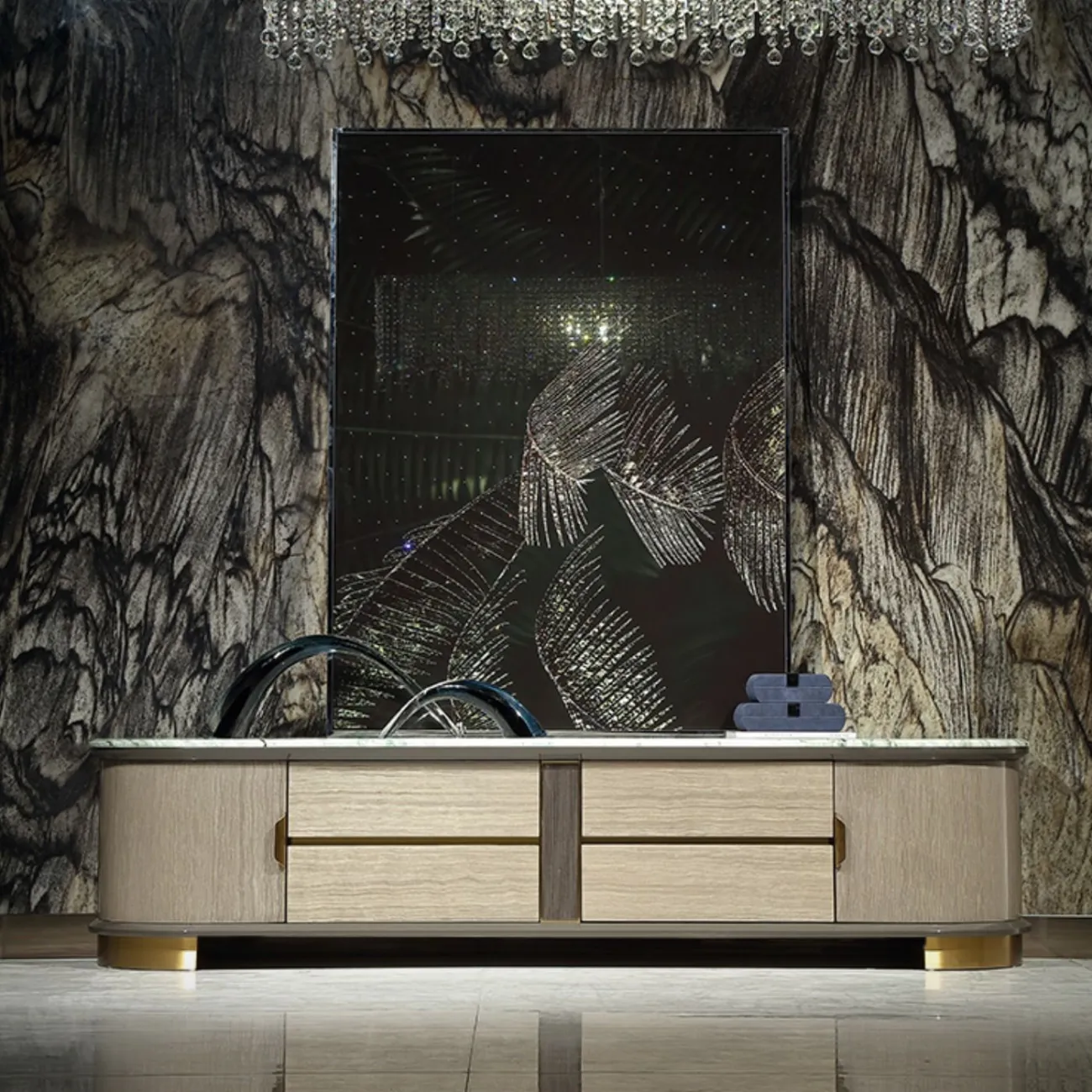 Дизайнерская тумба под телевизор MIVICA из красного дерева и мрамора TB38236-32