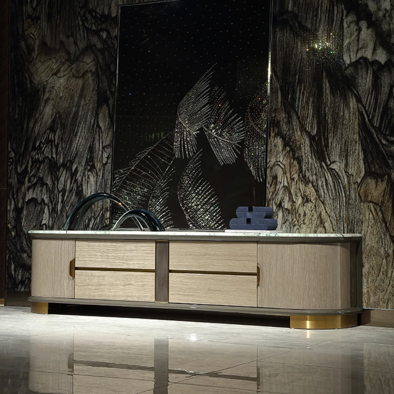 Дизайнерская тумба под телевизор MIVICA из красного дерева и мрамора TB38236-32