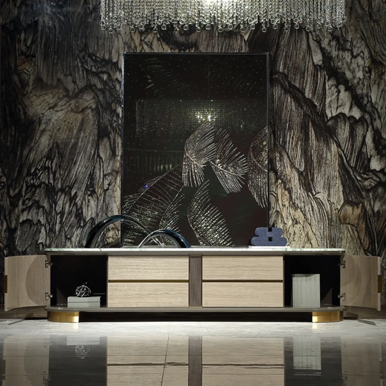 Дизайнерская тумба под телевизор MIVICA из красного дерева и мрамора TB38236-32