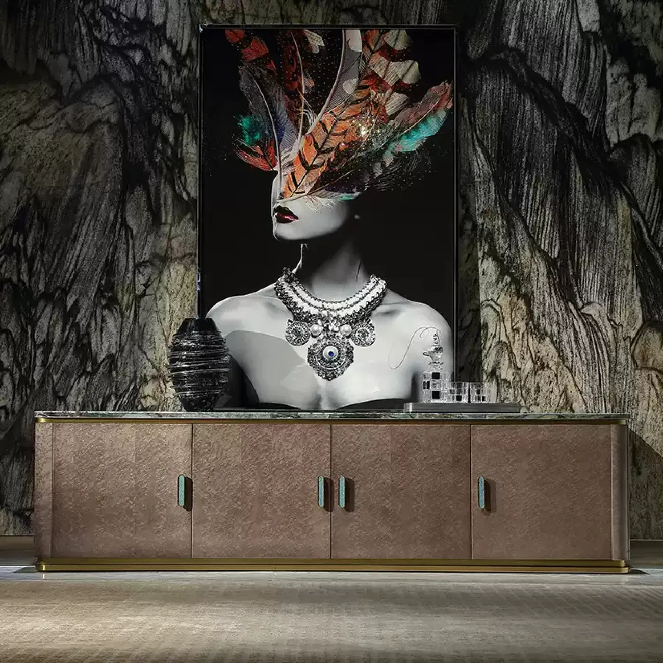 Роскошная тумба под телевизор MIVICA из красного дерева и зелёного мрамора TB38237-32