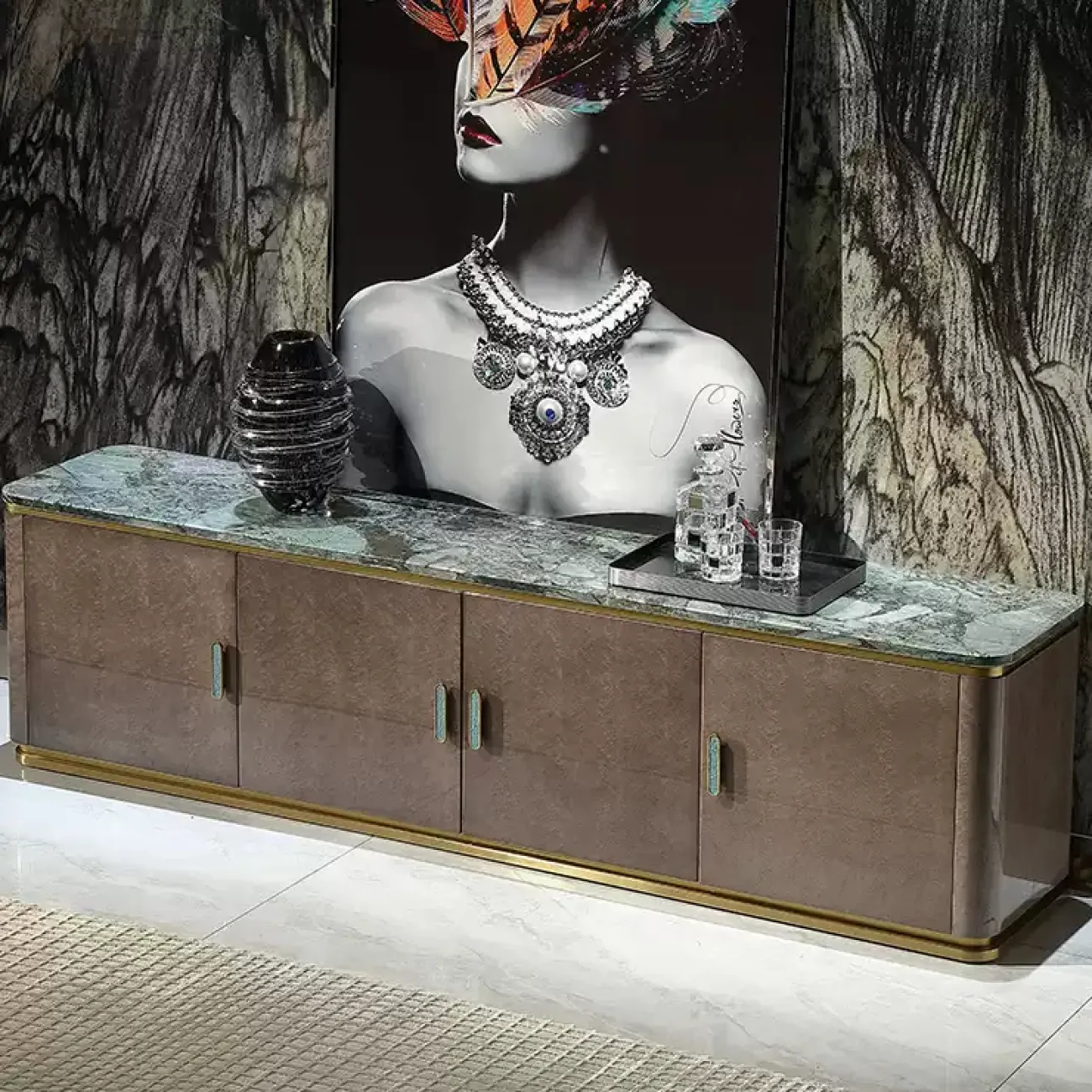 Роскошная тумба под телевизор MIVICA из красного дерева и зелёного мрамора TB38237-32