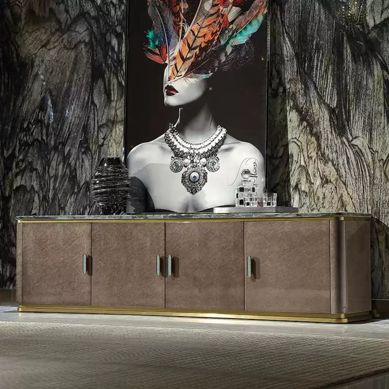 Роскошная тумба под телевизор MIVICA из красного дерева и зелёного мрамора TB38237-32