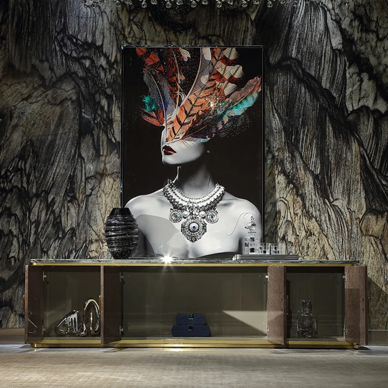 Роскошная тумба под телевизор MIVICA из красного дерева и зелёного мрамора TB38237-32