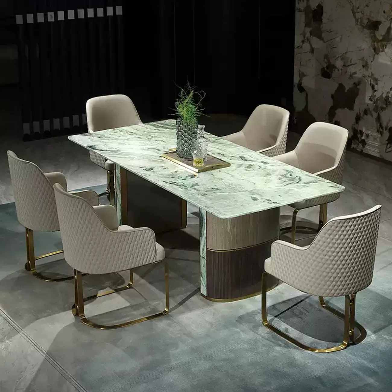 Роскошный обеденный стол MIVICA из зелёного мрамора и красного дерева OS38248-32