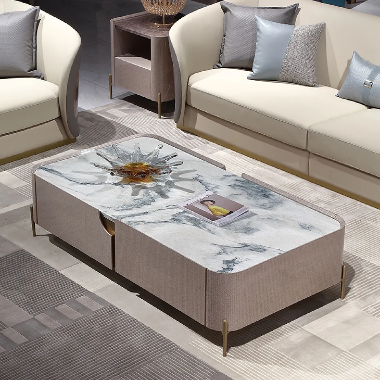 Элегантный журнальный столик MIVICA из мрамора и красного дерева JS38273-32