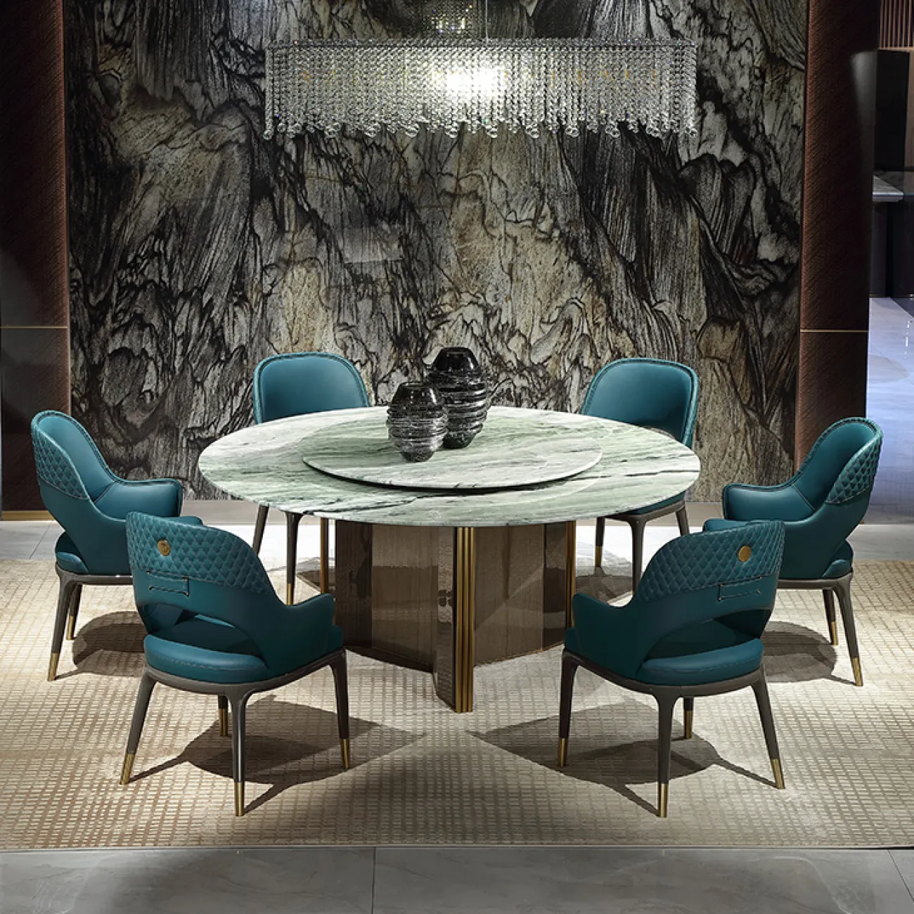 Роскошный круглый обеденный стол MIVICA из натурального мрамора и красного дерева OS38277-32