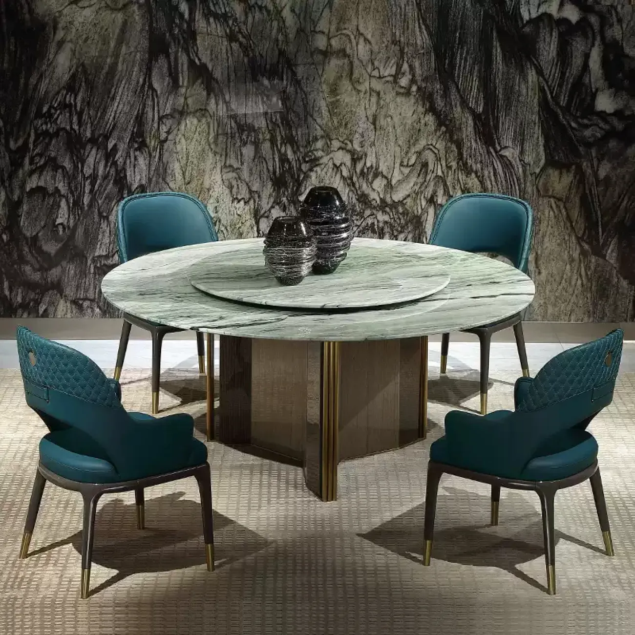 Роскошный круглый обеденный стол MIVICA из натурального мрамора и красного дерева OS38277-32