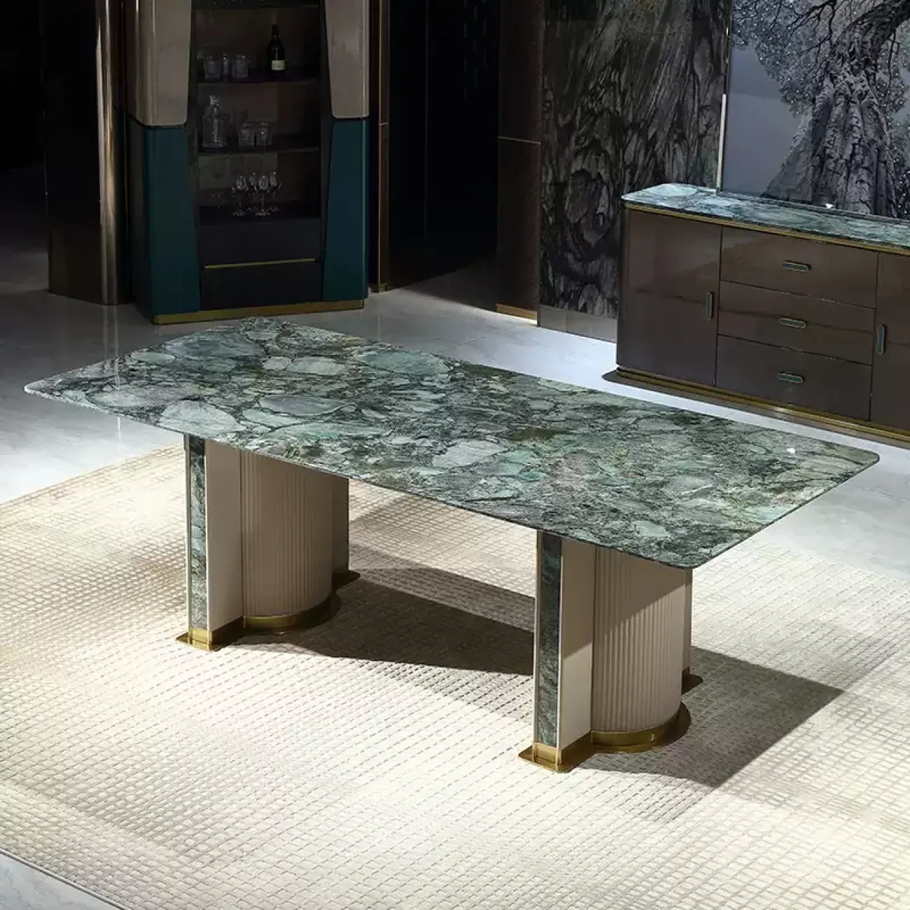 Роскошный обеденный стол MIVICA из натурального мрамора и красного дерева OS38281-32