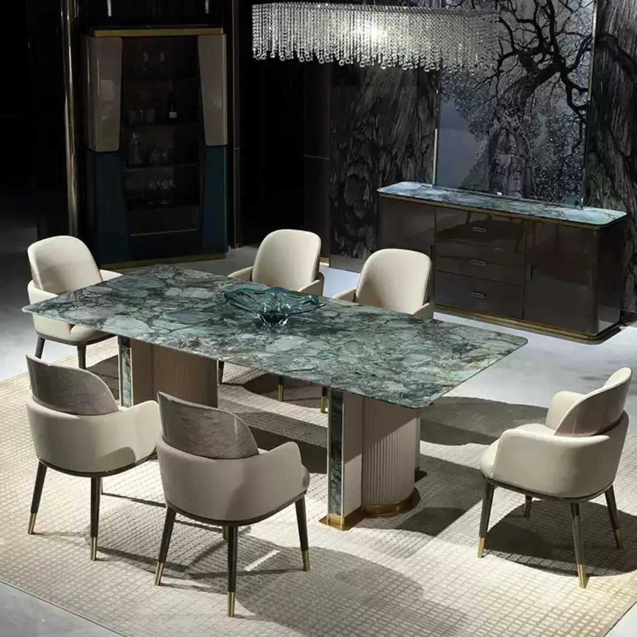 Роскошный обеденный стол MIVICA из натурального мрамора и красного дерева OS38281-32