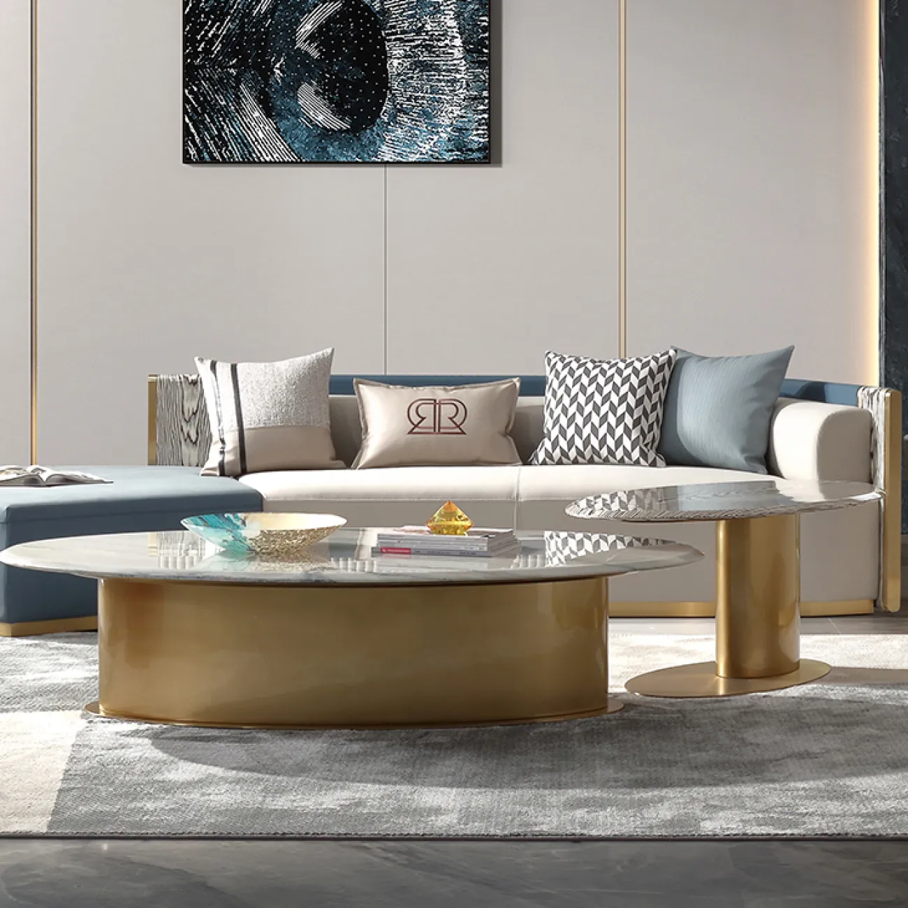 Угловой журнальный стол MIVICA из мрамора с золотым подстольем JS38347-32