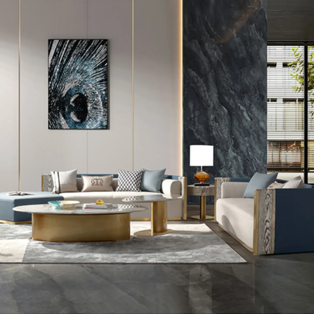 Угловой журнальный стол MIVICA из мрамора с золотым подстольем JS38347-32