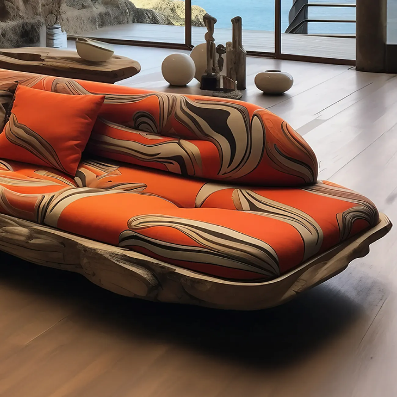 Дизайнерский диван MIVICA из дерева с резьбой и текстилем с ярким принтом DV38502-32 Дизайнерский диван MIVICA из дерева с резьбой и текстилем с ярким принтом DV38502-32