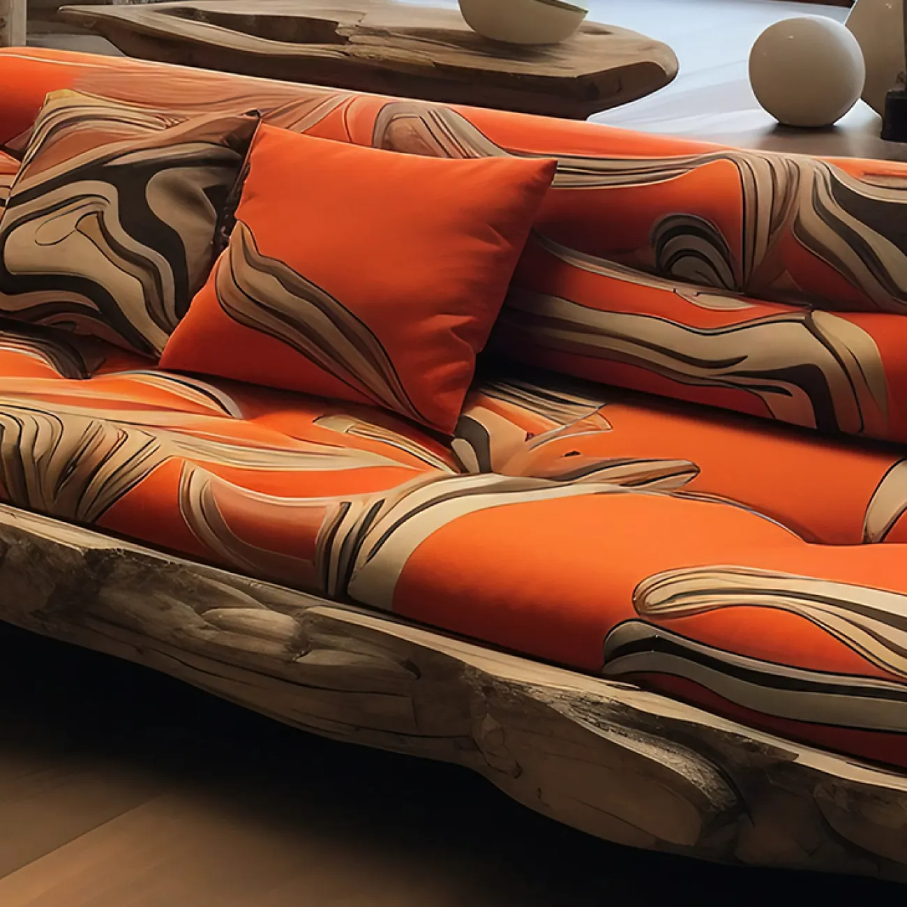 Дизайнерский диван MIVICA из дерева с резьбой и текстилем с ярким принтом DV38502-32 Дизайнерский диван MIVICA из дерева с резьбой и текстилем с ярким принтом DV38502-32