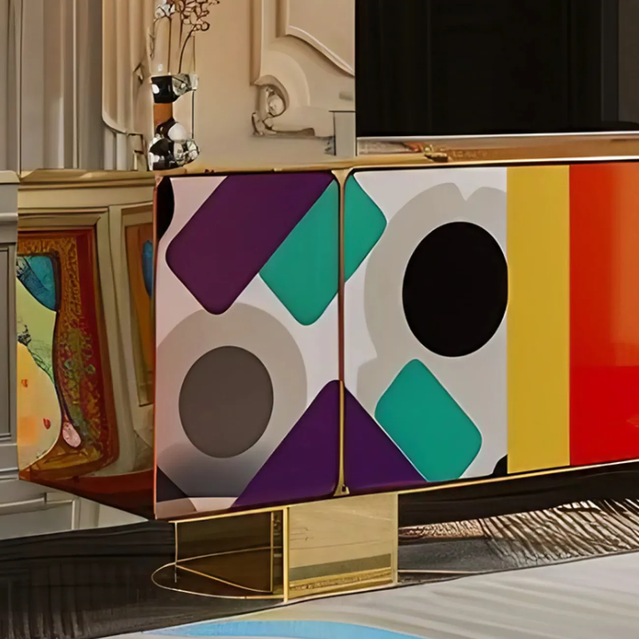 Яркая тумба под телевизор MIVICA из дерева с росписью TB38631-32