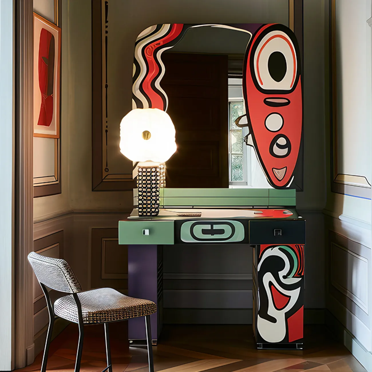 Дизайнерский туалетный столик "Графитти" MIVICA с зеркалом TS38809-32 Дизайнерский туалетный столик "Графитти" MIVICA с зеркалом TS38809-32