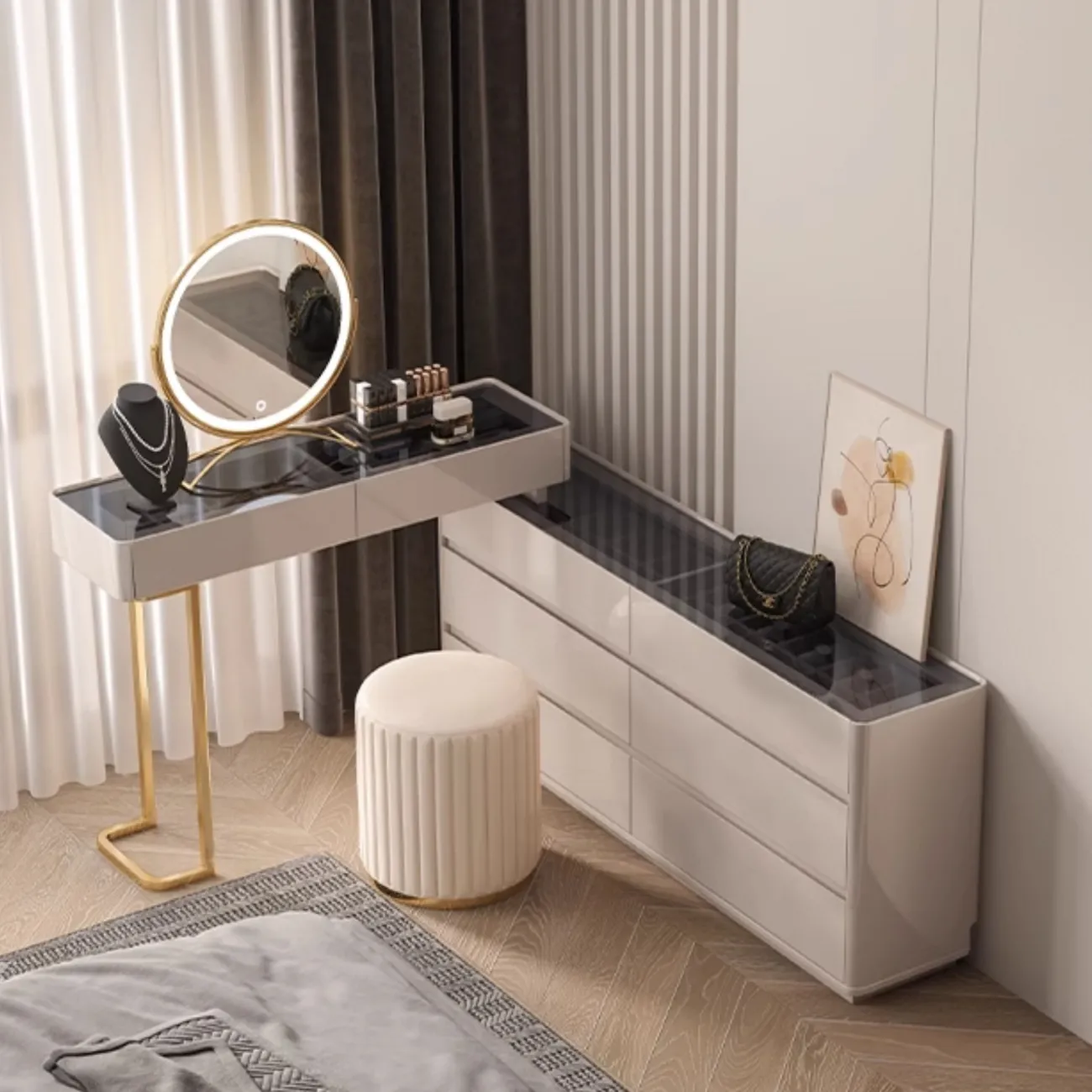 Роскошный туалетный столик Yuhao с подсветкой и стеклянной столешницей TS39109-32 Роскошный туалетный столик Yuhao с подсветкой и стеклянной столешницей TS39109-32