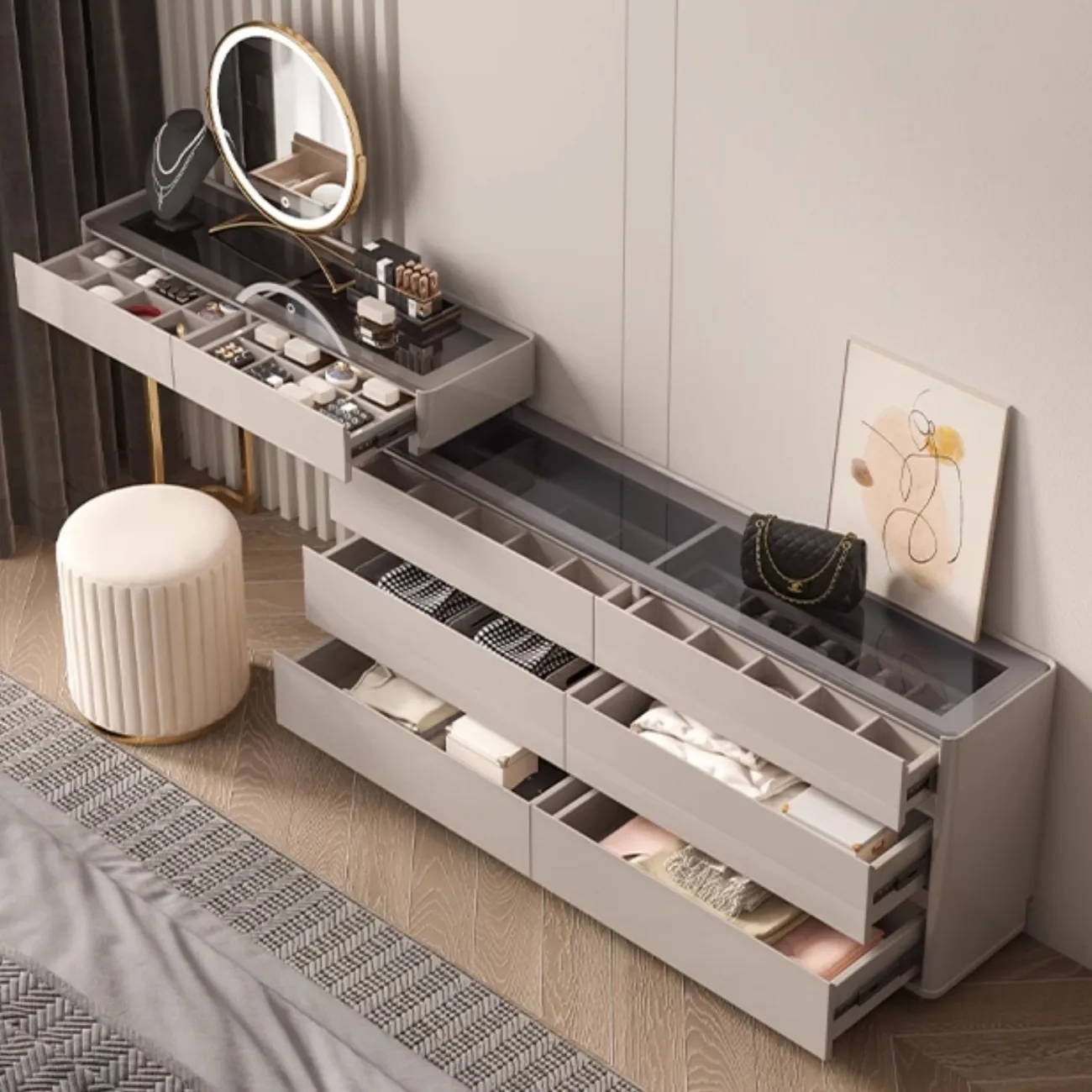 Роскошный туалетный столик Yuhao с подсветкой и стеклянной столешницей TS39109-32 Роскошный туалетный столик Yuhao с подсветкой и стеклянной столешницей TS39109-32