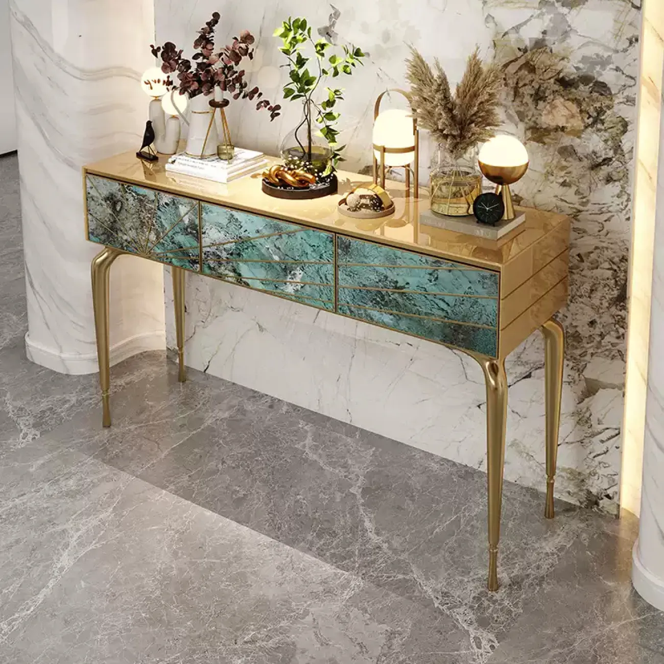 Элегантный пристенный столик Linko от LaLume c фасадом из агата PS39148-32 Элегантный пристенный столик Linko от LaLume c фасадом из агата PS39148-32