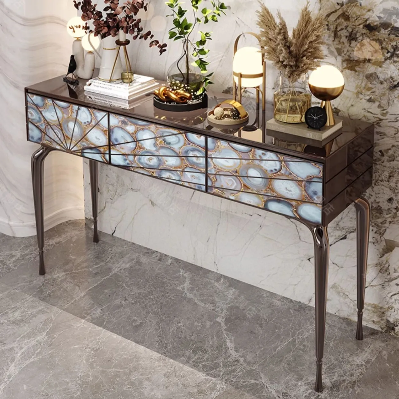 Элегантный пристенный столик Linko от LaLume c фасадом из агата PS39148-32 Элегантный пристенный столик Linko от LaLume c фасадом из агата PS39148-32