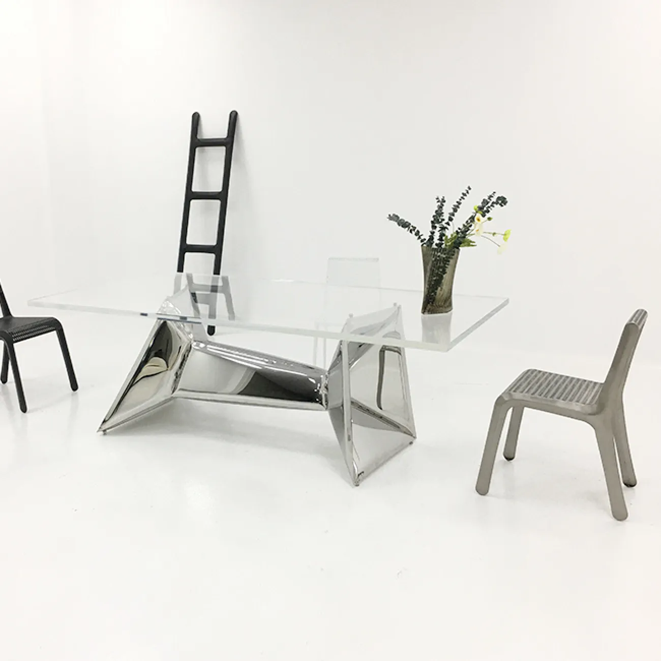 Большой обеденный стол Mozuo из стали, акрила и травертина OS39703-32