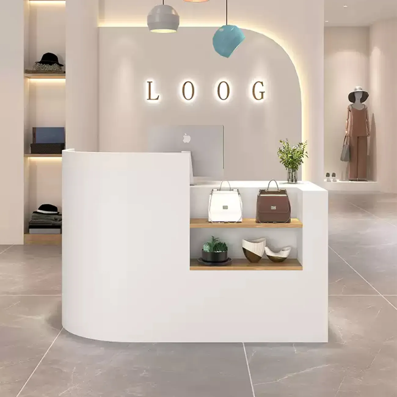 Элегантная стойка ресепшен от LaLume с полками на фасаде RS40167-32 Элегантная стойка ресепшен от LaLume с полками на фасаде RS40167-32