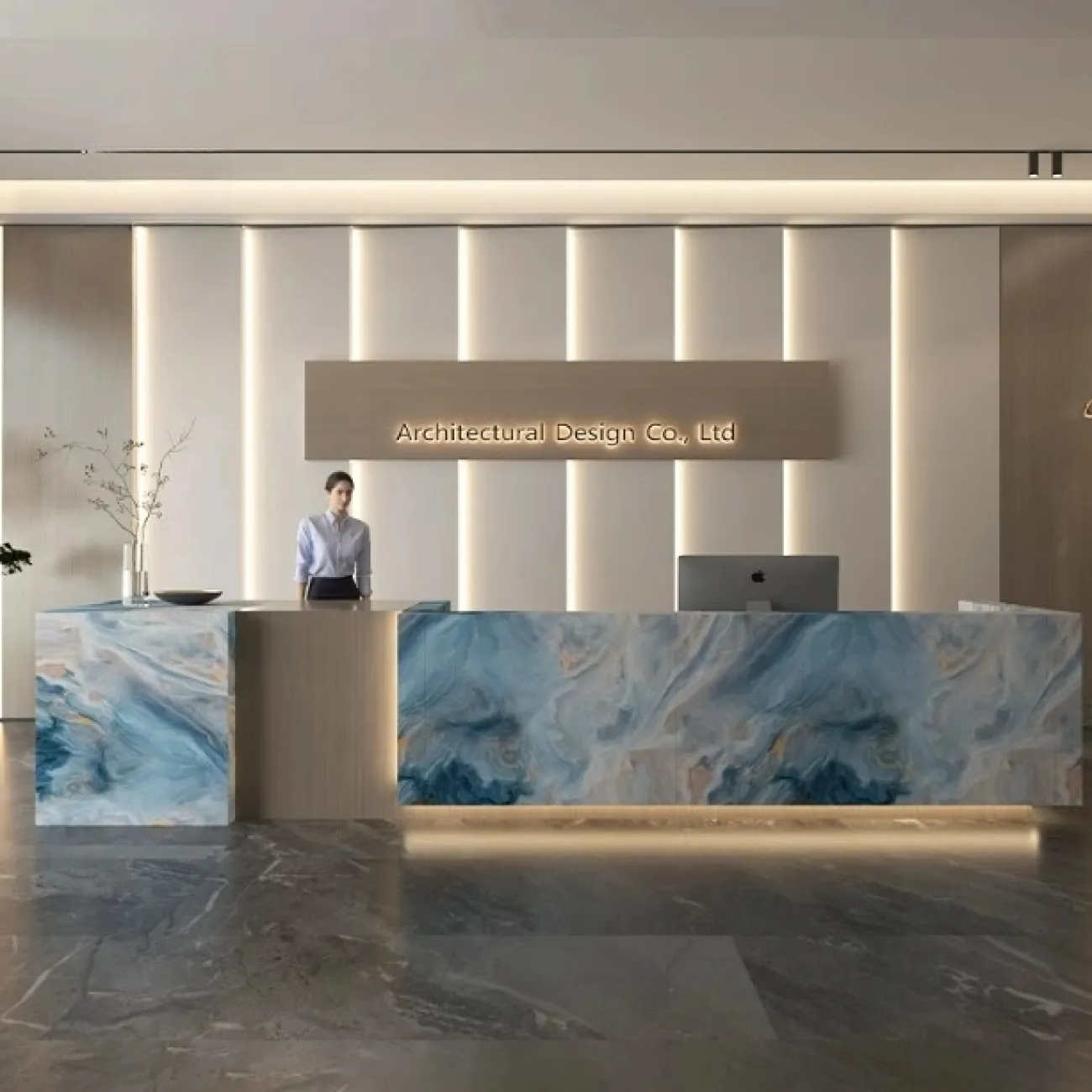 Угловая стойка ресепшен от LaLume с имитацией мрамора RS40233-32