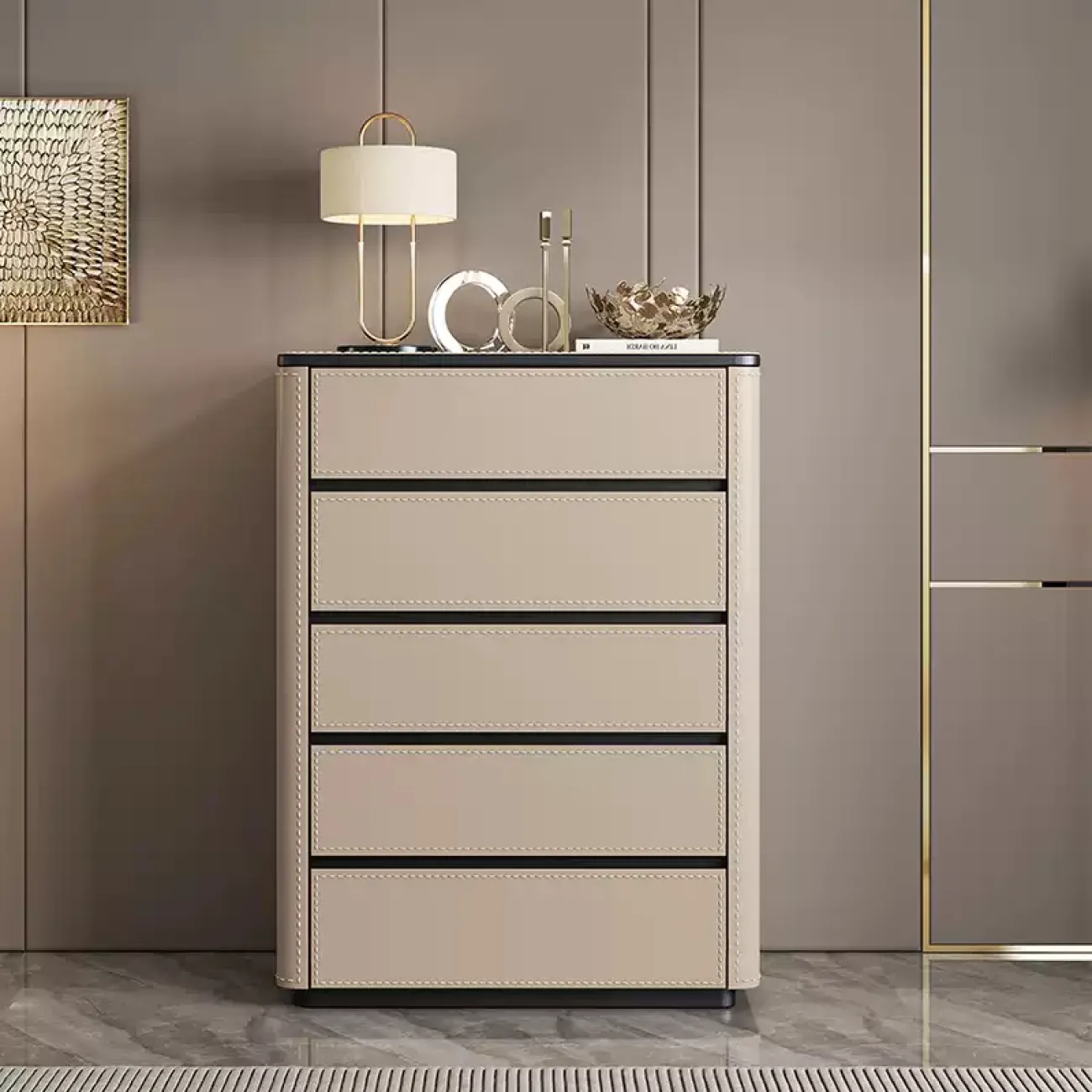 Классический комод Carat от LaLume с обивкой из кожи и мраморной столешницей KD40284-32