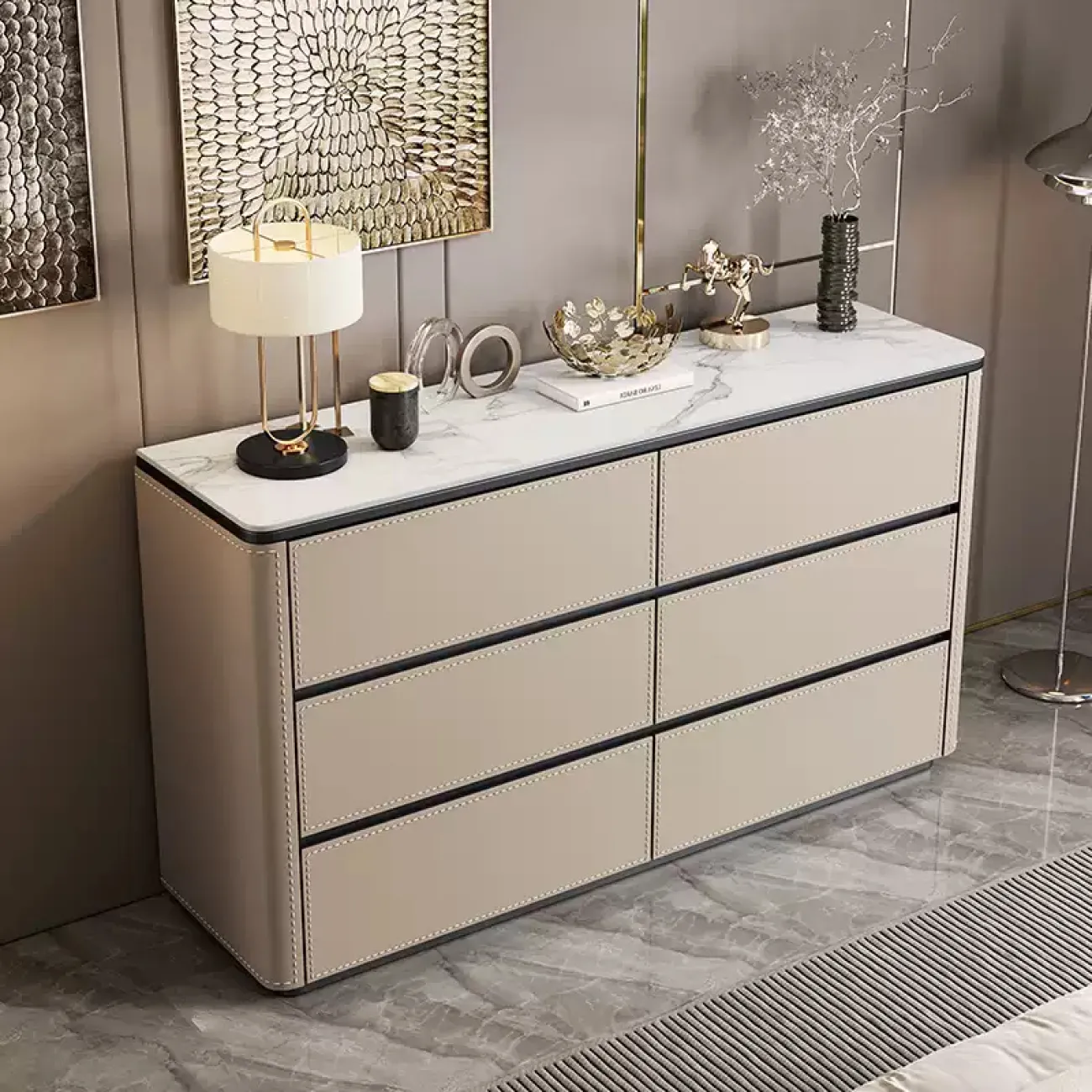 Классический комод Carat от LaLume с обивкой из кожи и мраморной столешницей KD40284-32