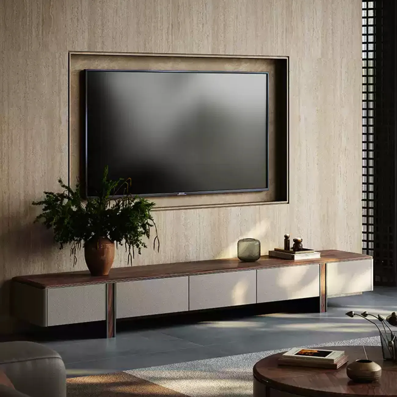 Удобная тумба под телевизор Mobeier от LaLume из ореха TV40320-32 Удобная тумба под телевизор Mobeier от LaLume из ореха TV40320-32