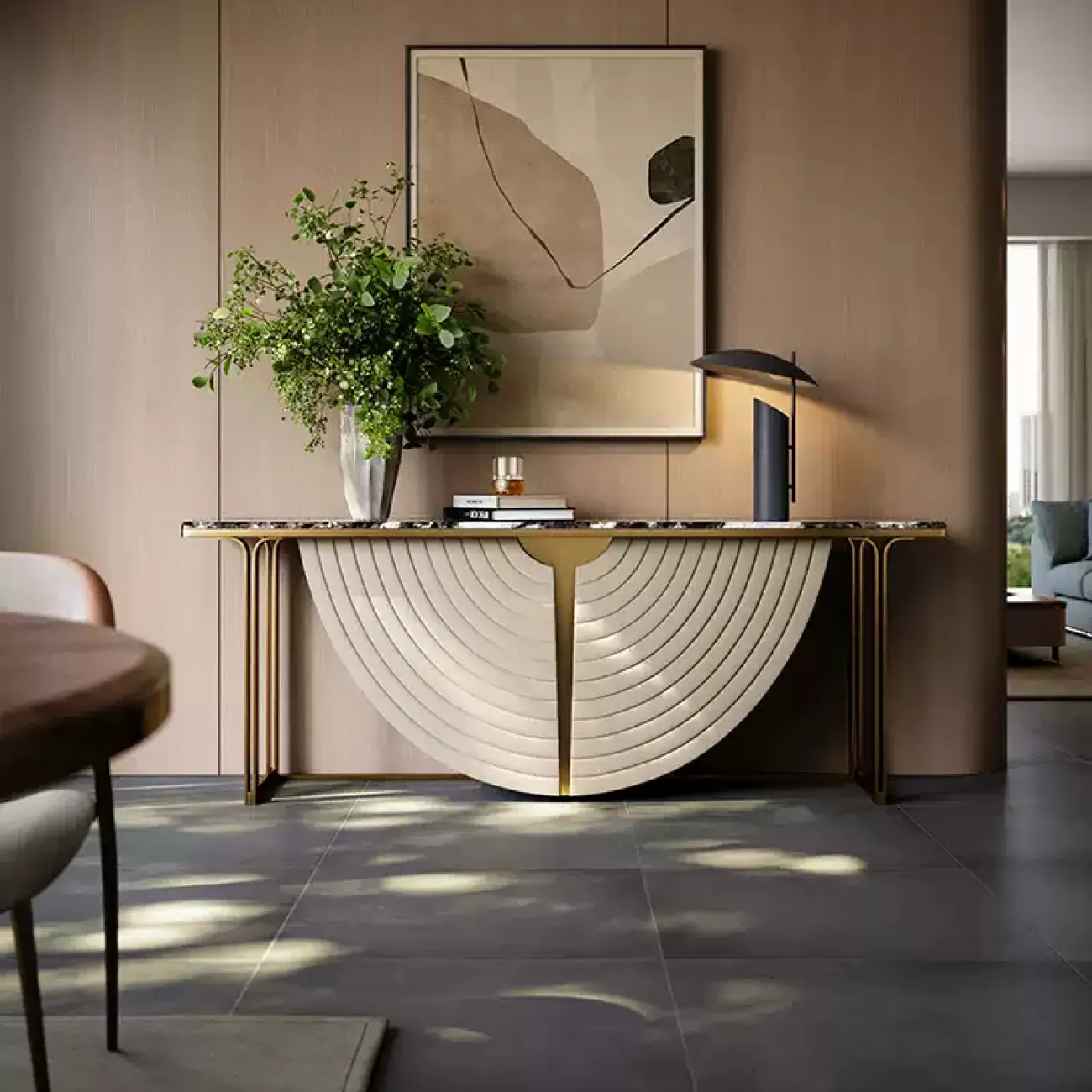 Элегантный пристенный столик Mobeier от LaLume с мраморной столешницей PS40323-32 Элегантный пристенный столик Mobeier от LaLume с мраморной столешницей PS40323-32